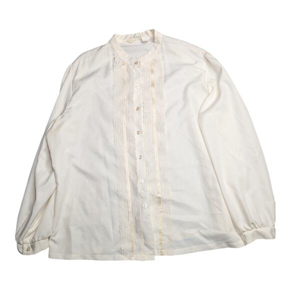 Vtg 1970s Ms Bond Ivory Collarless Lace Trim Button Up Gathered Sleeve Top 42 1X - Picture 1 of 4